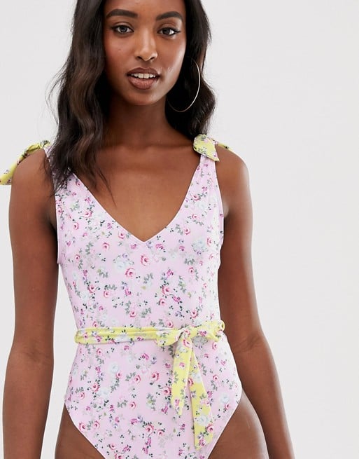 ASOS Recycled Tie-Shoulder Belted Swimsuit in Pretty Pastel Floral