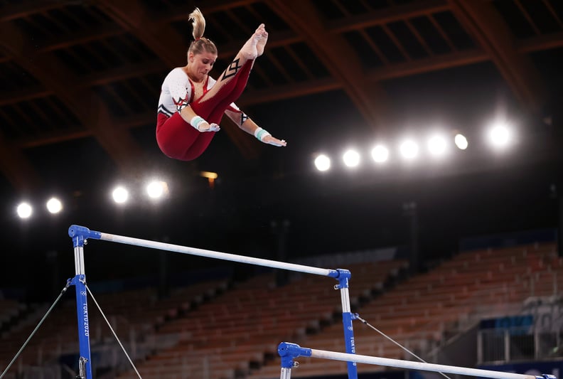 German Gymnast Elisabeth Seitz Wears a Unitard on Bars During Women's Tokyo Olympics Qualification