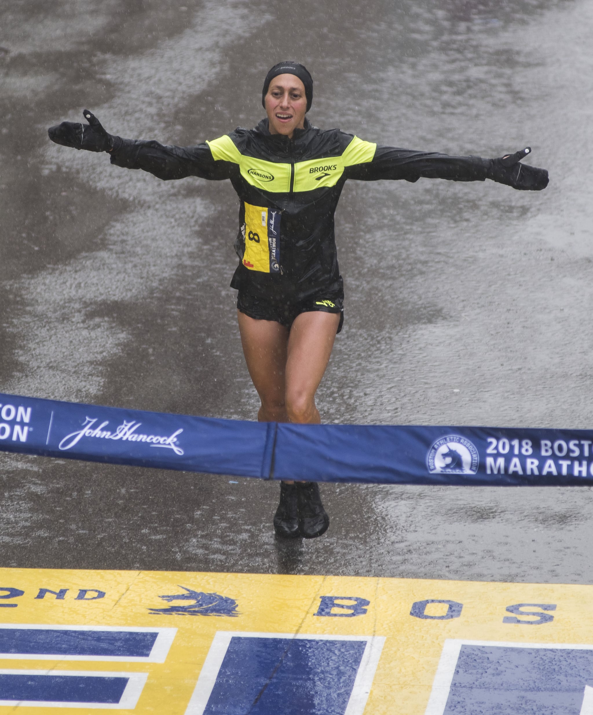 Desiree Linden of the United States crosses the finish line as the winner of the 2018 and 122nd Boston Marathon for Elite Women's race with a time of 2:39:54 on April 16, 2018 in Boston, Massachusetts. Her personal best finish was previously second place in the Boston Marathon in 2011 with a time of 2:22:38. / AFP PHOTO / RYAN MCBRIDE        (Photo credit should read RYAN MCBRIDE/AFP/Getty Images)