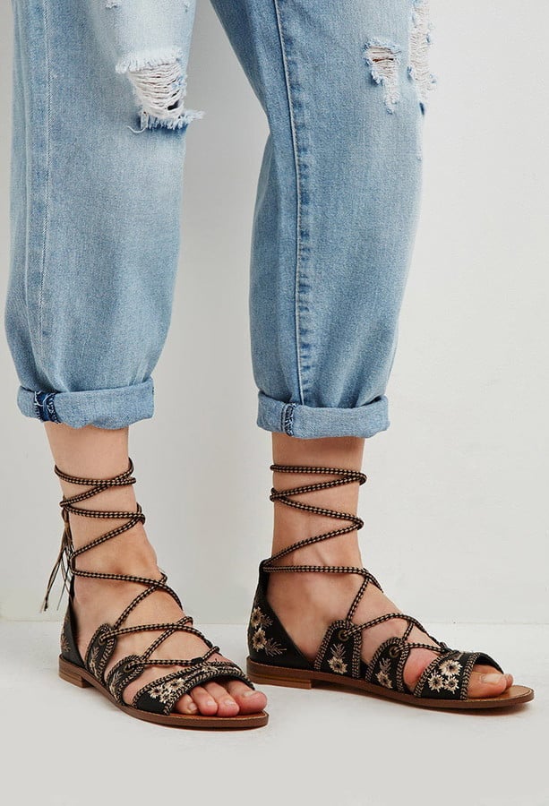 FOREVER 21 Embroidered Lace-Up Sandals