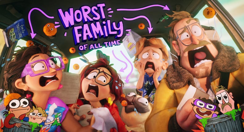 THE MITCHELLS VS. THE MACHINES, from left: Linda Mitchell (voice: Maya Rudolph), Katie Mitchell (voice: Abbi Jacobson), Monchi (Doug the Pug), Aaron Mitchell (voice: Mike Rianda), Rick Mitchell (voice Danny McBride), 2021.  Netflix / Courtesy Everett Coll