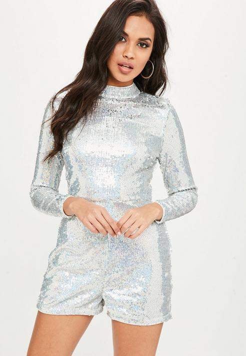 Missguided Silver Sequin Long Sleeved Romper