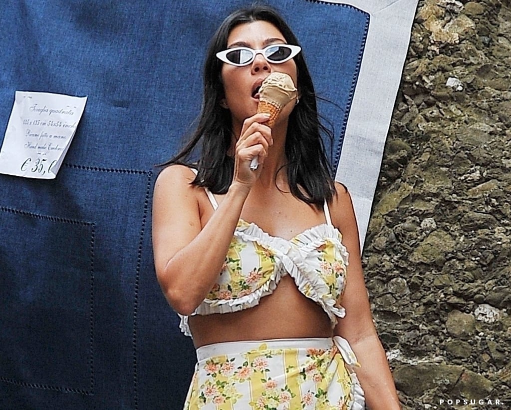 Kourtney Kardashian Yellow Floral Set in Italy 2018