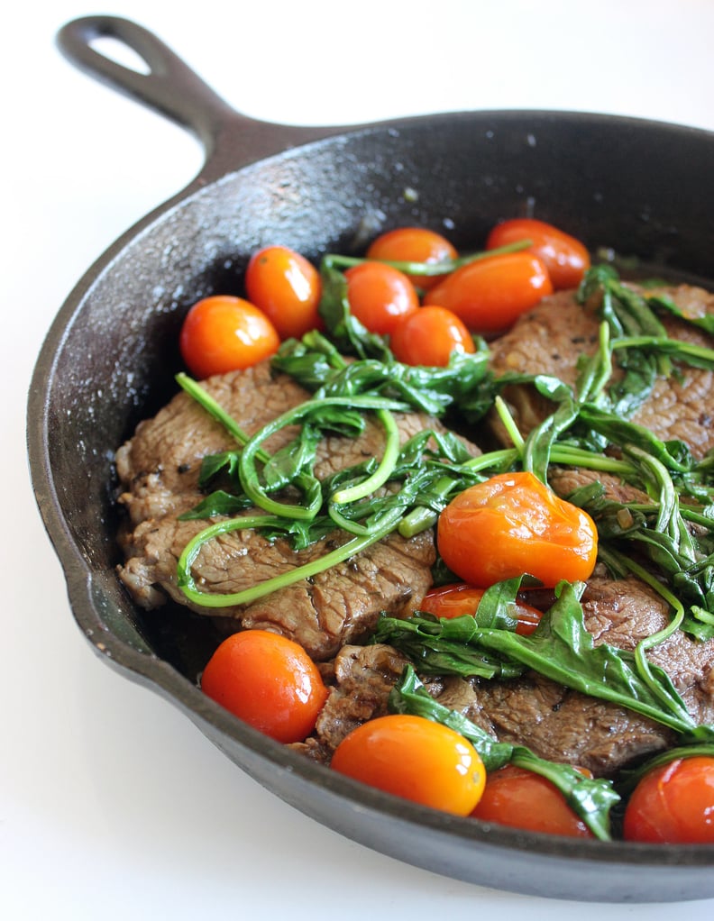 Sautéed Steaks With Tomato Pan Sauce and Wilted Arugula