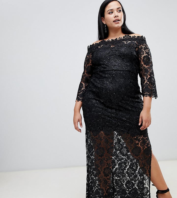 Paper Dolls Plus Sequin Lace Bardot Maxi Dress With Side Splits