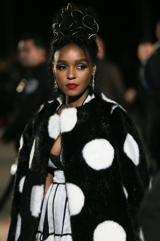 Janelle Monáe topped off her look with a faux-fur polka-dot coat by Kate Spade at the Palm Springs International Film Festival Film Awards Gala in 2017.