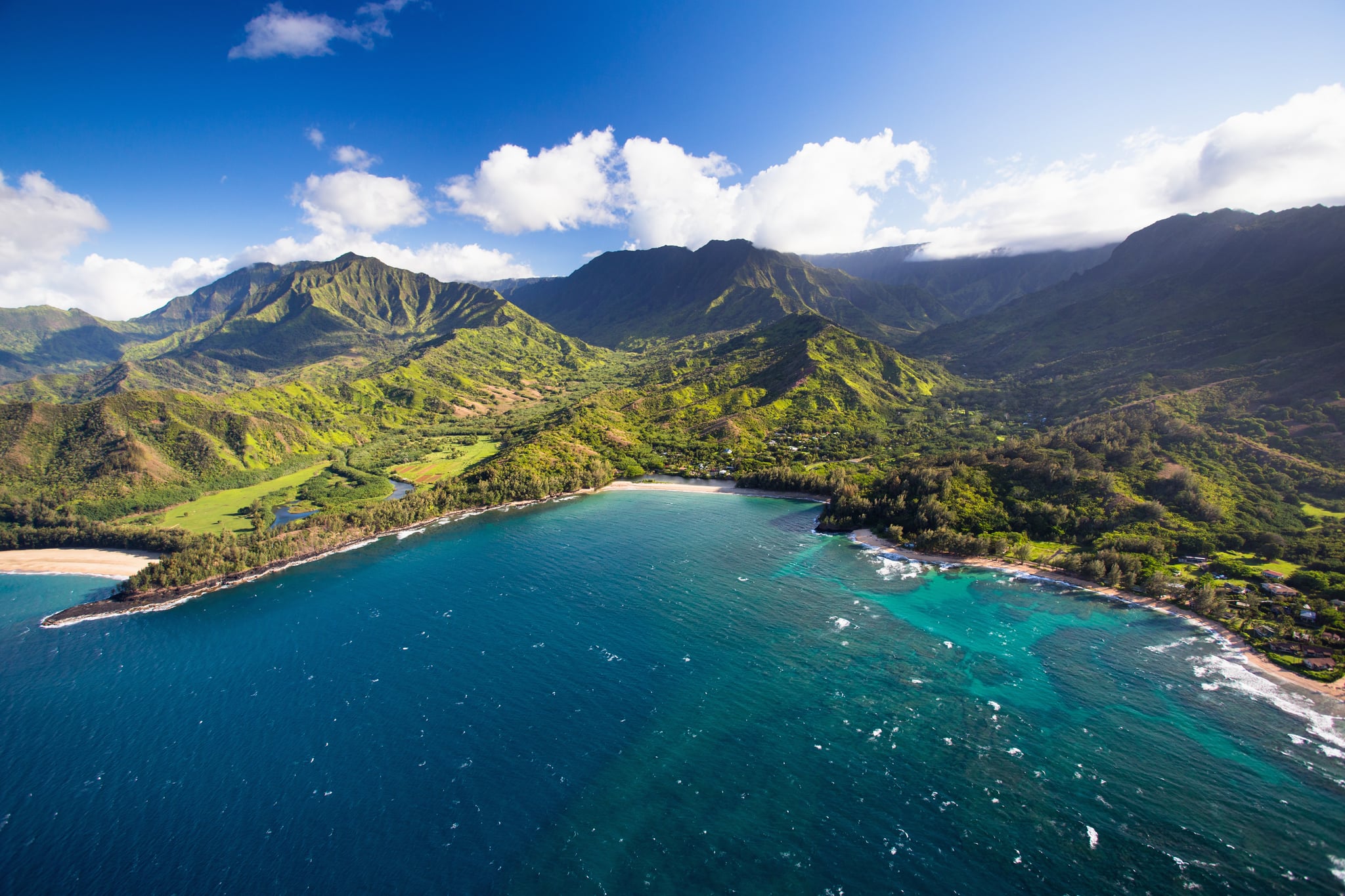 Scenic views of Kauai from above. Keâ??e Beach is at the end of the road on the North Shore.