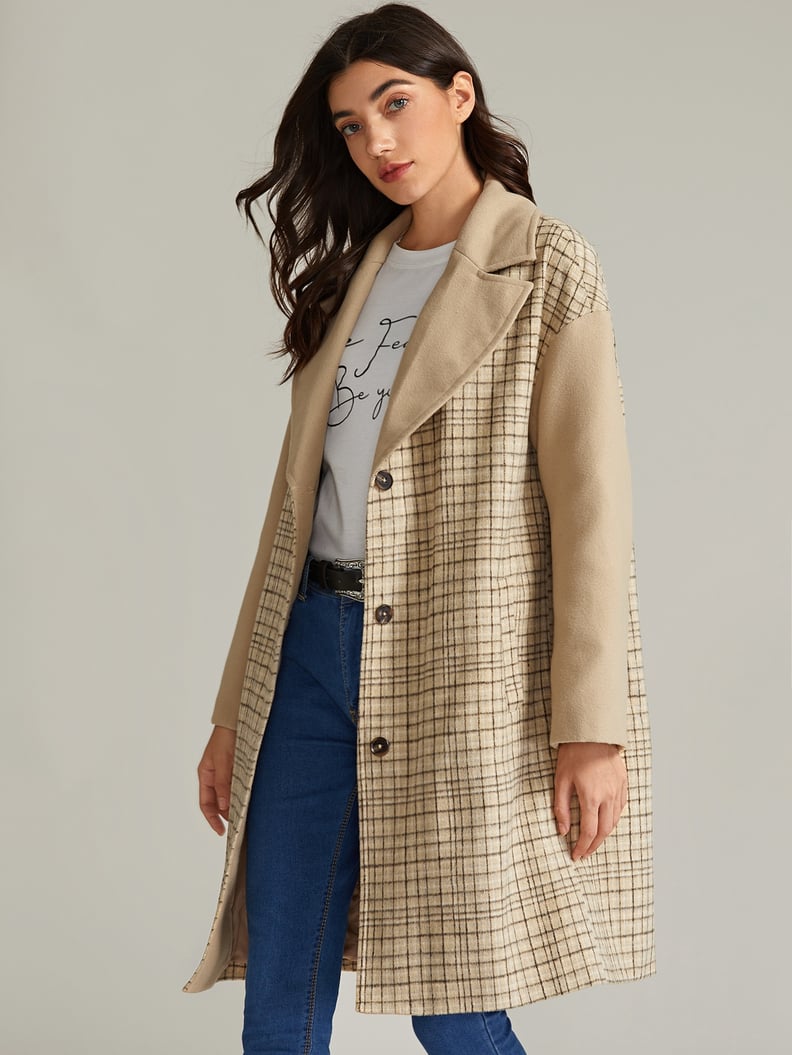 Shein Premium Notched Collar Slant Pocket Plaid Coat