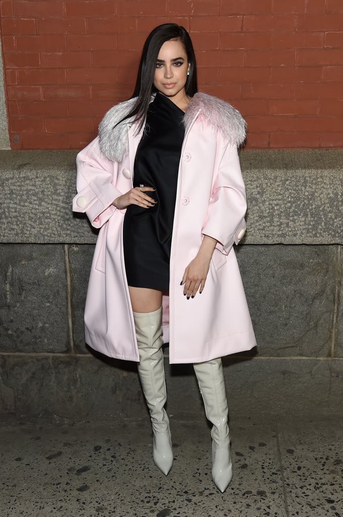Wearing a pink wool coat by Marc Jacobs with over the knee boots and a black dress at the Marc Jacobs show during New York Fashion Week in February 2018.