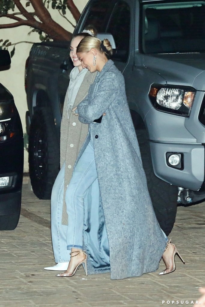 Hailey Baldwin Wearing Her Bieber Necklace With a Blue Coat