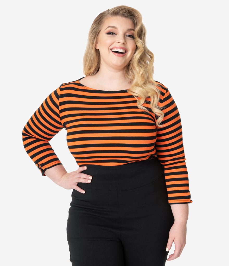 Unique Vintage Plus Size Black and Orange Stripe Knit Three-Quarter ...