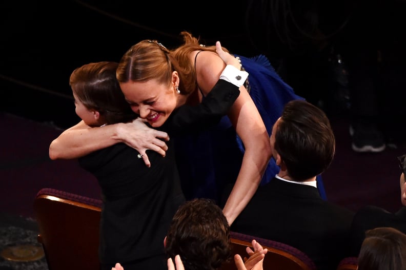 Room stars Brie Larson and Jacob Tremblay shared a sweet hug.