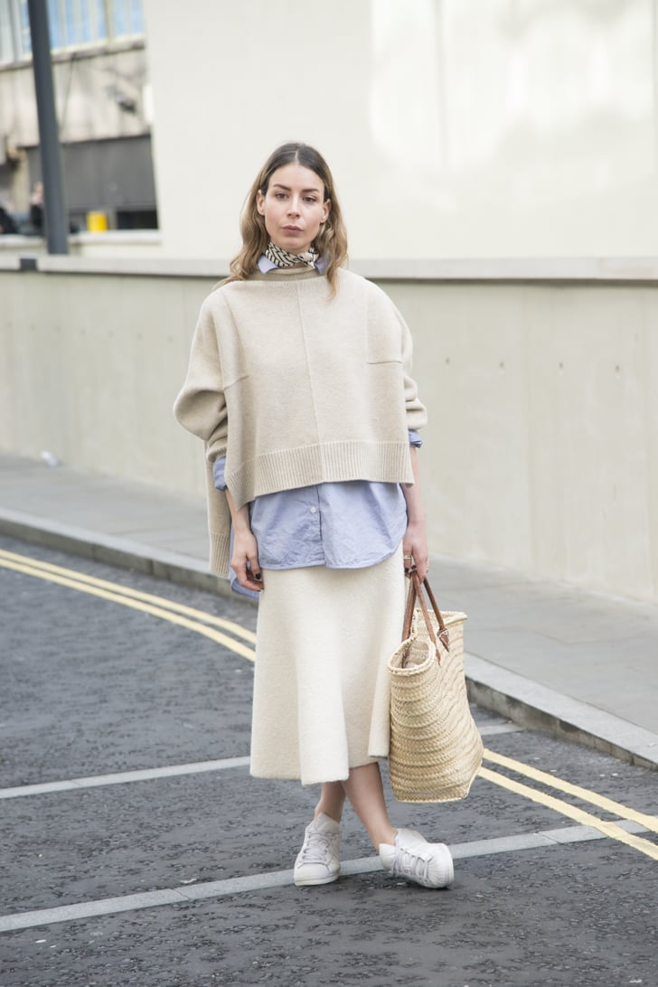 collared shirt with sweater and skirt