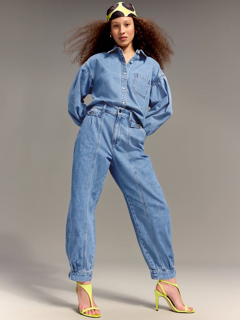 Old Navy x Christopher John Rogers Oversized Button-Down Jean Shirt ($55). Old Navy x Christopher John Rogers High-Waisted Barrel Jeans ($70)