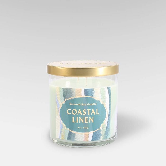 悠闲奢华:乳白色海岸亚麻盖玻璃罐2芯蜡烛