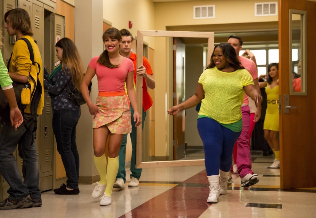 The girls (including Amber Riley as Mercedes) strut in some '80s-wear.