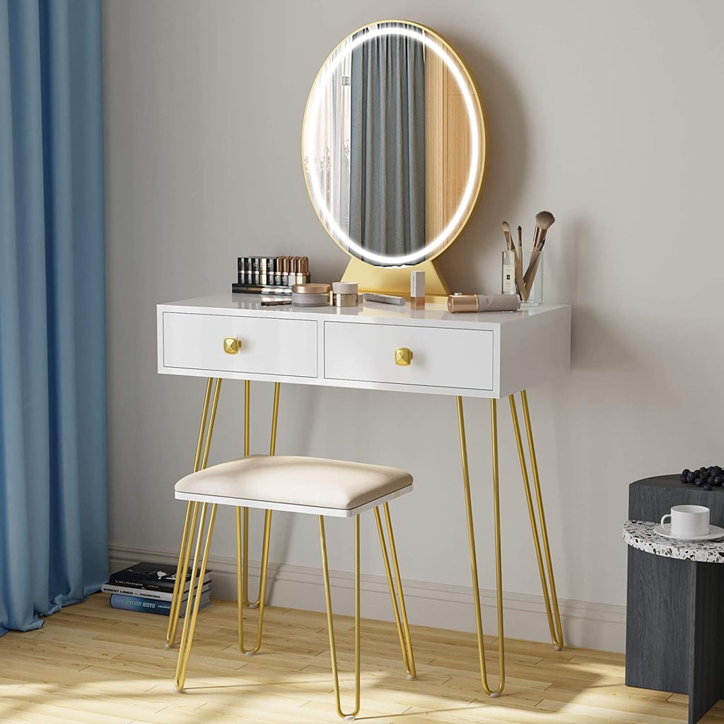 Vanity Table Set with 3 Color Lighted Mirror & Stool