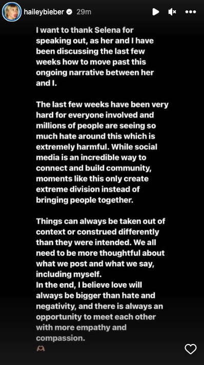 Hailey Bieber's Instagram Message