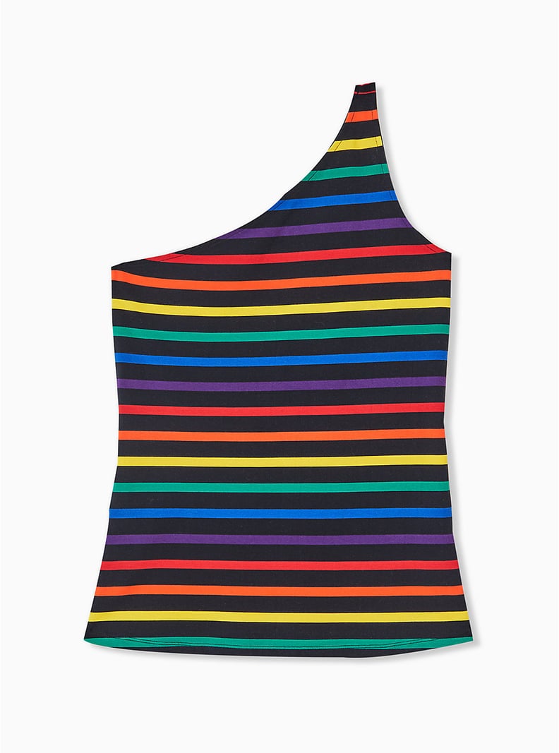 Torrid Celebrate Love Black Rainbow Stripe One-Shoulder Foxy Top