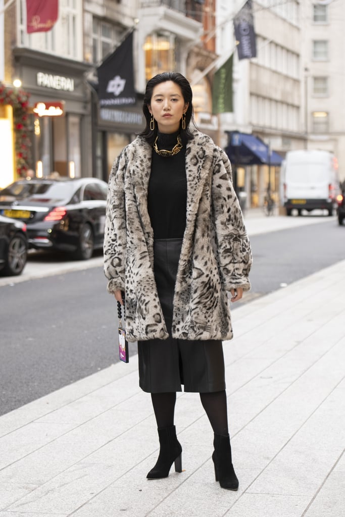 Style Your Leopard-Print Coat With: A Black Turtleneck, Skirt, and Tall Boots