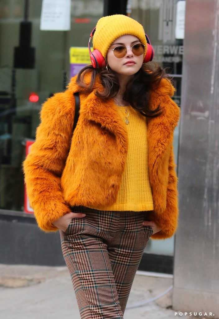 Shop Selena Gomez's Fuzzy Orange Cropped Coat