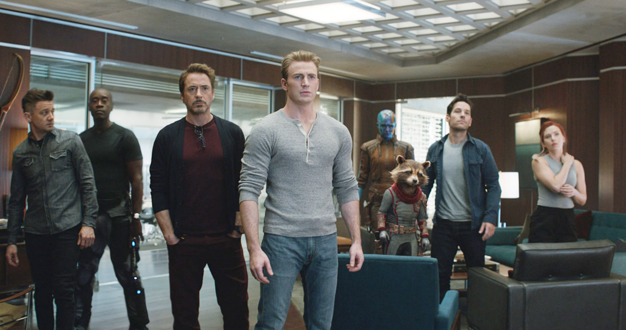 AVENGERS: ENDGAME, (aka AVENGERS 4), from left: Jeremy Renner, Don Cheadle, Robert Downey Jr., Chris Evans, Karen Gillan, Bradley Cooper (voice of Rocket), Paul Rudd, Scarlett Johansson, 2019.  Walt Disney Studios Motion Pictures /  Marvel Studios / courtesy Everett Collection