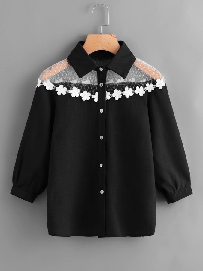 Shein Contrast Lace Appliques Shirt