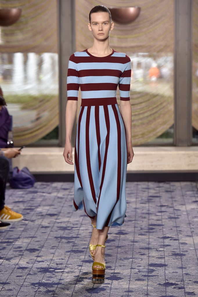 This oxblood and pastel blue striped dress would fit smartly into Melania's Spring and Summer wardrobe, finished with flats for a more casual day trip on Air Force One.