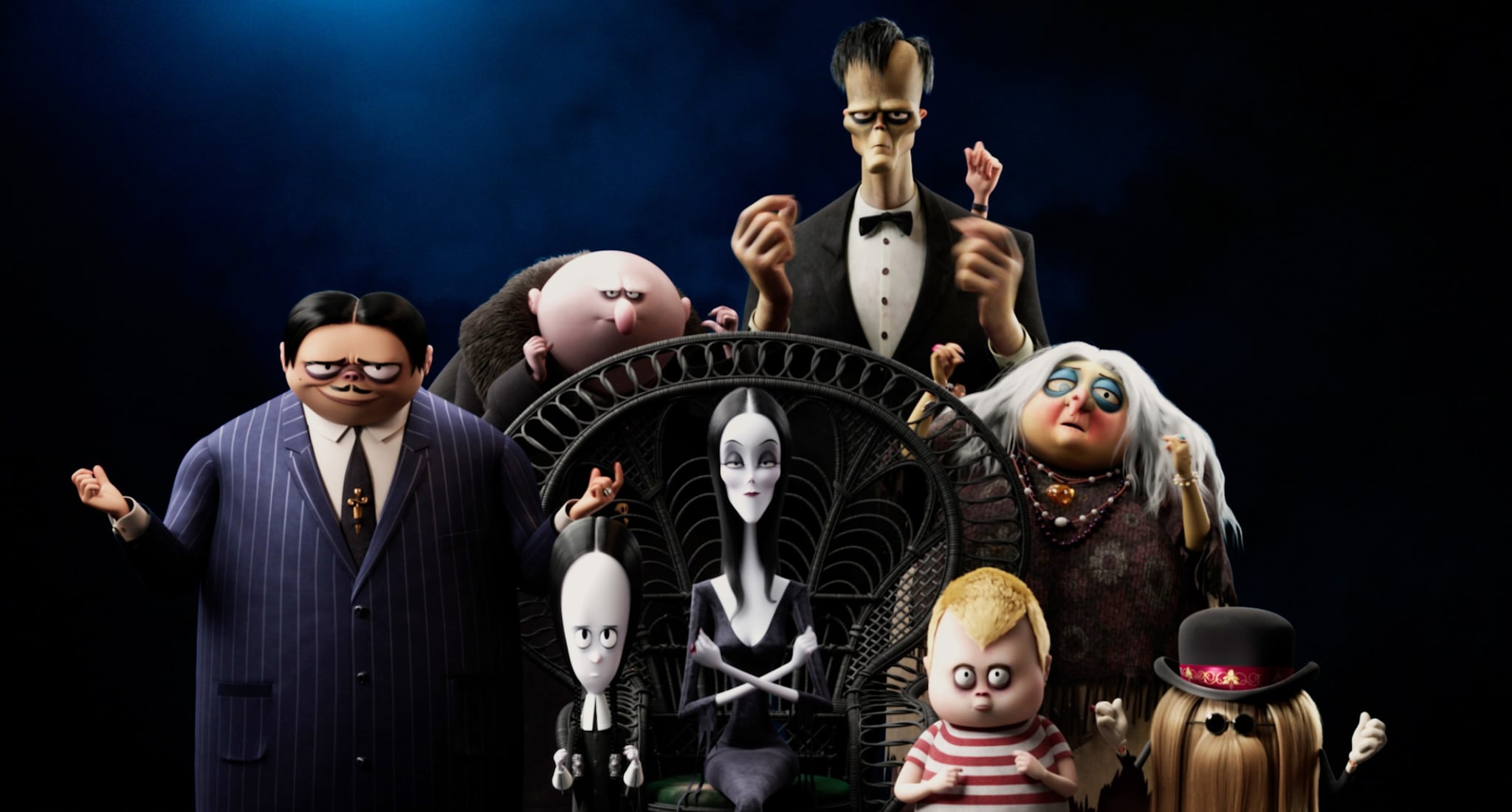 THE ADDAMS FAMILY 2, back row from left: Uncle Fester (voice: Nick Kroll), Lurch (voice: Conrad Vernon), Thing, Grandma (voice: Bette Midler); front row from left: Gomez Addams (voice: Oscar Isaac), Wednesday Addams (voice: Chloe Grace Moretz), Morticia Addams (voice: Charlize Theron), Pugsley Addams (voice: Javon 'Wanna' Walton), Cousin It (voice: Snoop Dogg), 2021.  MGM / courtesy Everett Collection