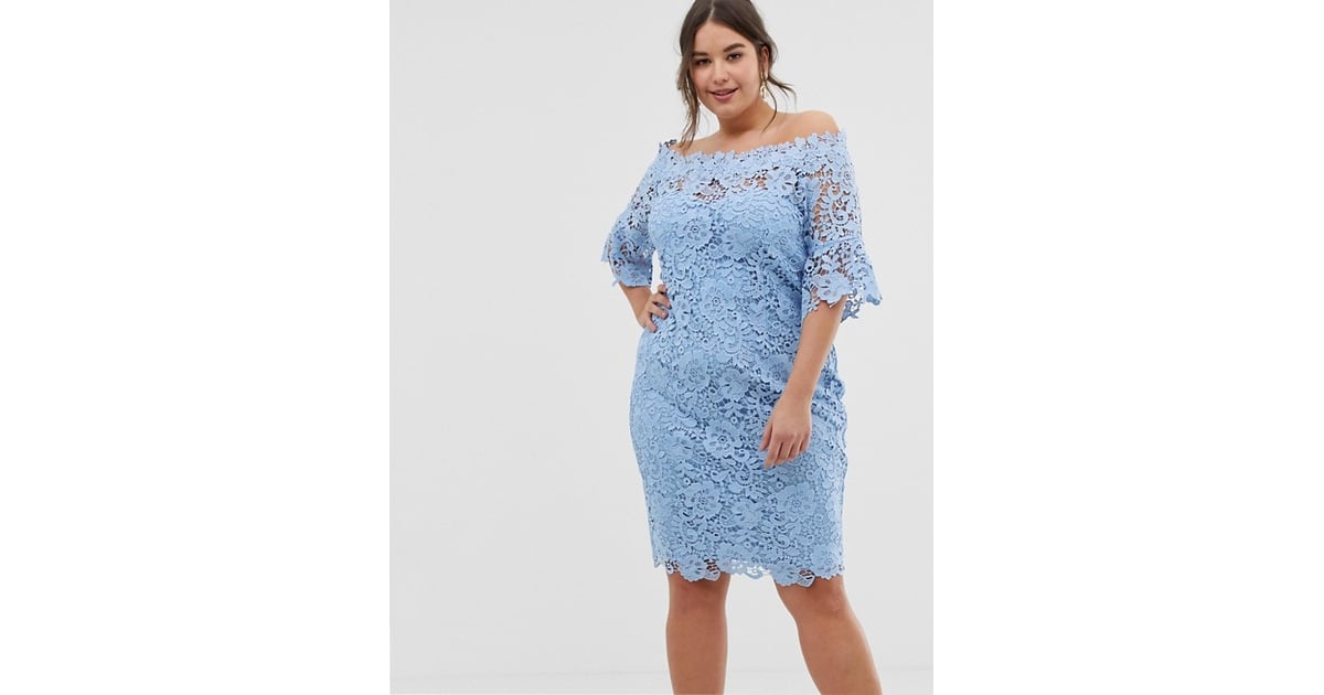 Paper Dolls Bardot Crochet Dress With Fluted Sleeve In Powder Blue