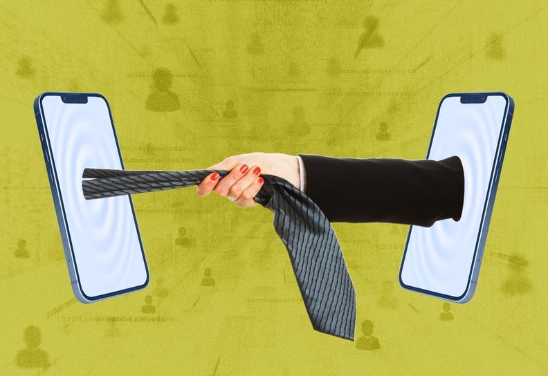 An image of hands coming out of a phone and grabbing the tie coming out another phone, to represent how people are finding love on LinkedIn