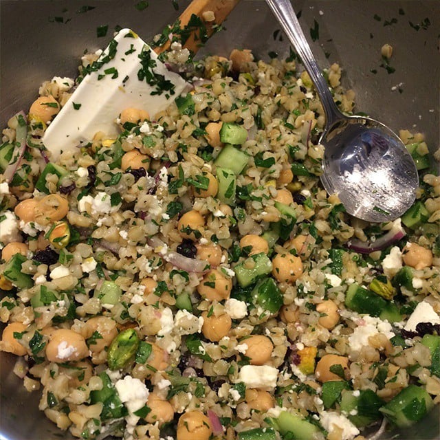 "My perfect salad — Bulgar, cucumbers, parsley, mint, red onion, garbanzo beans, feta cheese, & pistachios," Jen captioned this snap.
