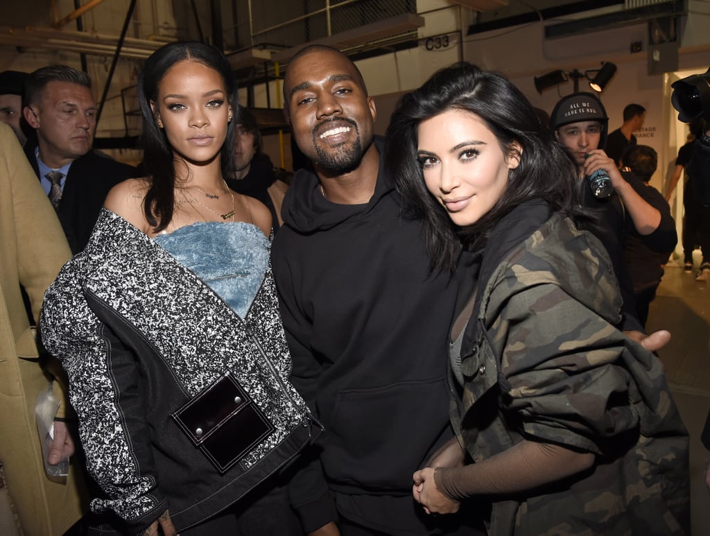 Rihanna and Kim Kardashian posed with Kanye West backstage at his Adidas fashion show.