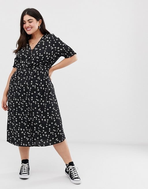 Influence Shirred-Sleeve floral Midi Dress With Button-Down Front in Black