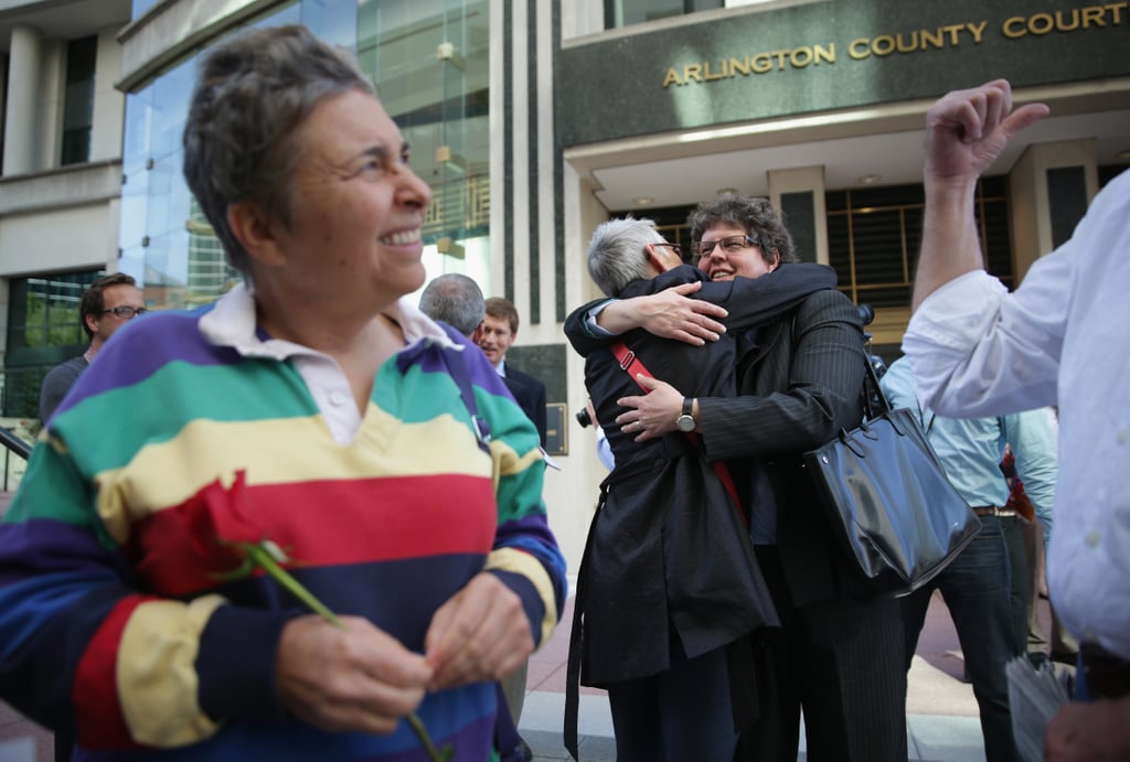 Same-sex marriage supporters embraced and cheered over the Supreme Court news.