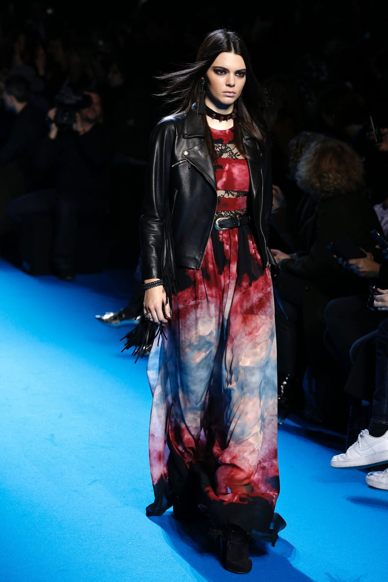 At Elie Saab, Kendall Wore a Colorful Dress Paired With a Leather Jacket and Choker