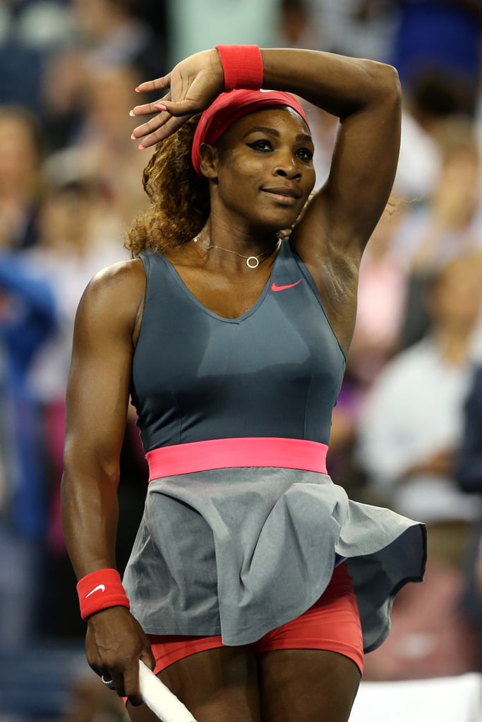 Serena Williams paired dark gray with pops of pink and red at the 2013 US Open.