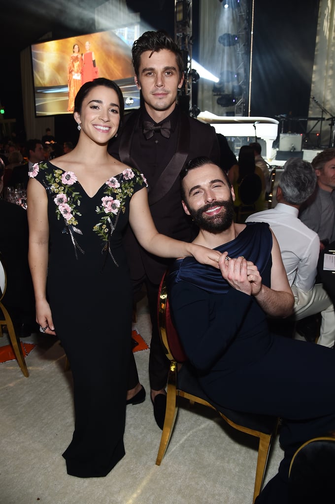 Aly Raisman, Antoni Porowski, and Jonathan Van Ness at the Elton John AIDS Foundation Oscars Party