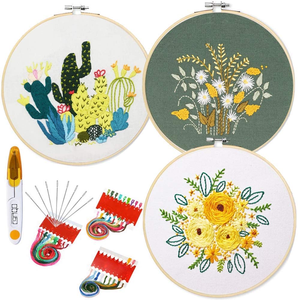 3 Pack Embroidery Kit for Beginners Adults with Pattern Flower