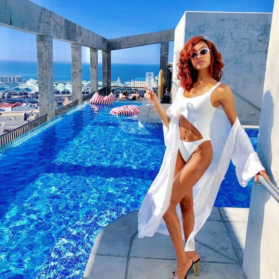 Jourdan Dunn White Solid and Striped Swimsuit