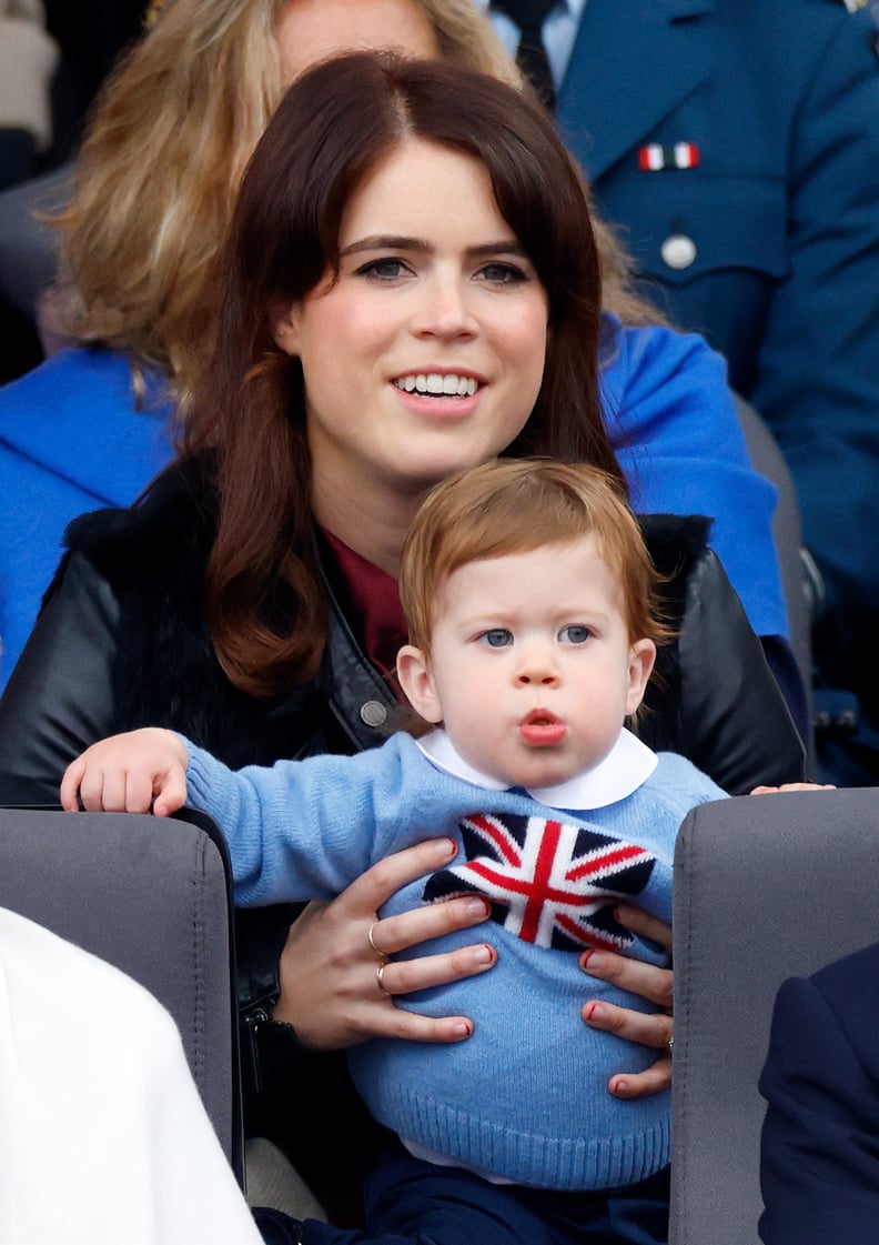 LONDON, UNITED KINGDOM - JUNE 05: (EMBARGOED FOR PUBLICATION IN UK NEWSPAPERS UNTIL 24 HOURS AFTER CREATE DATE AND TIME) Princess Eugenie and son August Brooksbank attend the Platinum Pageant on The Mall on June 5, 2022 in London, England. The Platinum Ju