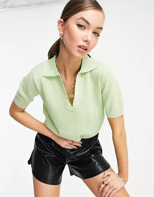 Mango Fine Knit Polo Top in Mint