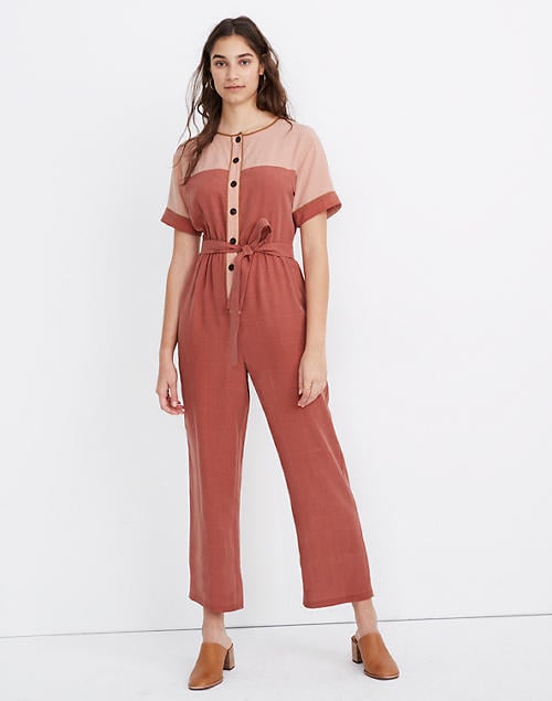 Colorblock Short-Sleeve Belted Jumpsuit