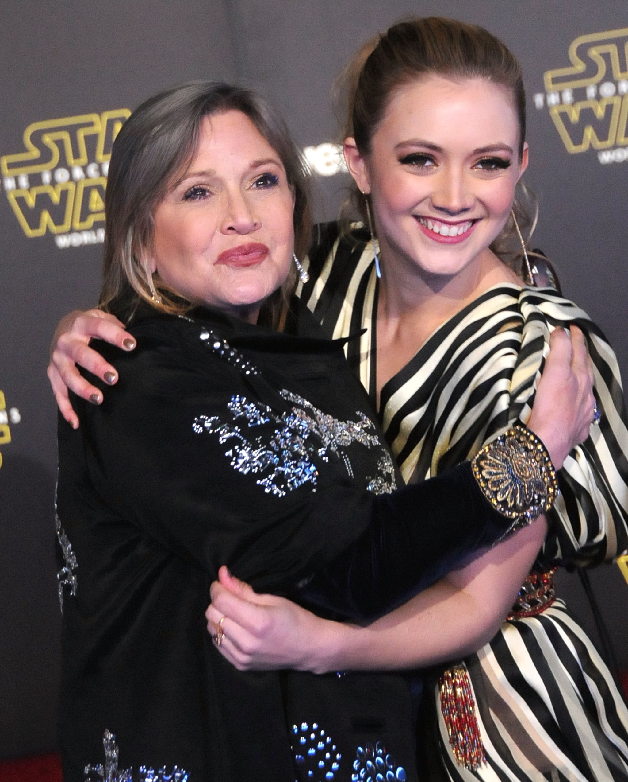 HOLLYWOOD, CA - DECEMBER 14:  (L-R) Actress Carrie Fisher and daughter actress Billie Lourd attend the Premiere of Walt Disney Pictures and Lucasfilm's 'Star Wars: The Force Awakens' on December 14, 2015 in Hollywood, California.  (Photo by Barry King/WireImage)