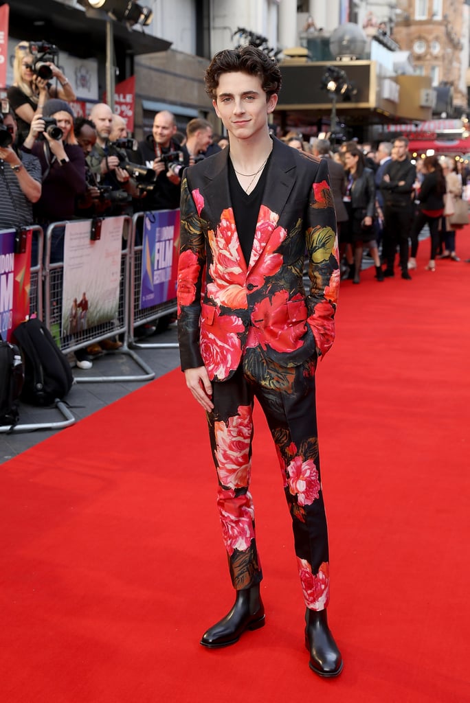 The red carpet at the UK premiere of Beautiful Boy nicely complemented Timothée's floral Alexander McQueen suit.