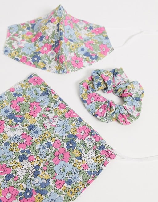 ASOS Design Pink Floral Face Covering With Pouch and Scrunchie