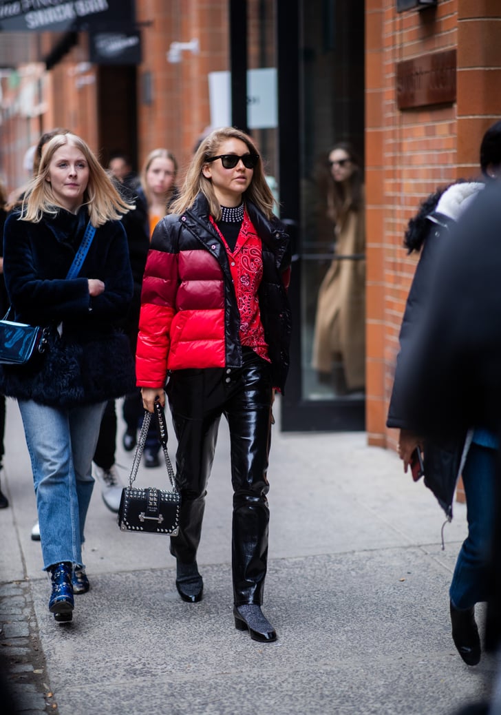 Winter Outfit Idea: A Red Puffer and Black Leather Pants | The Best ...