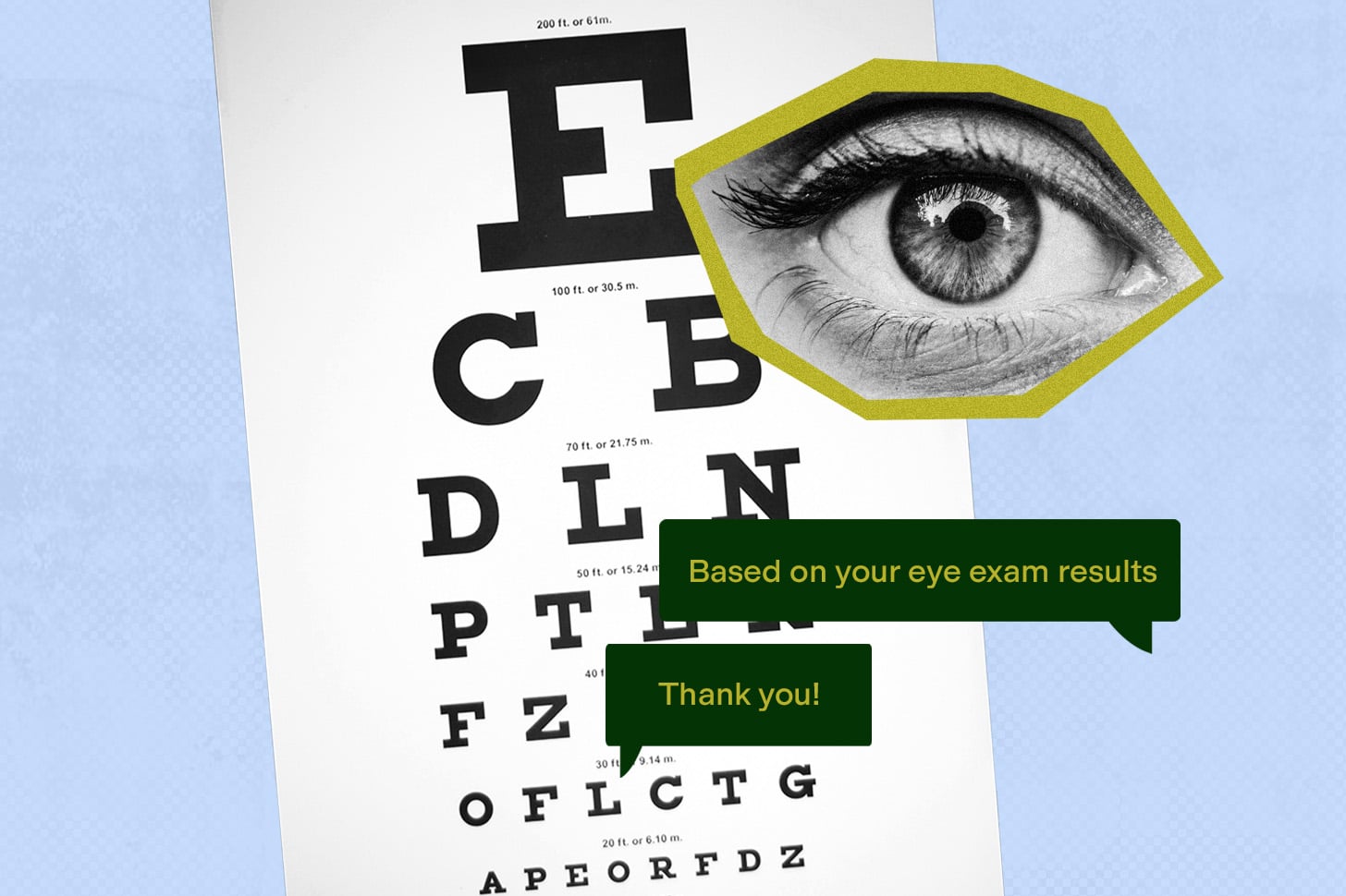 Eye exam collaged with text conversation between patient and AI chatbot.