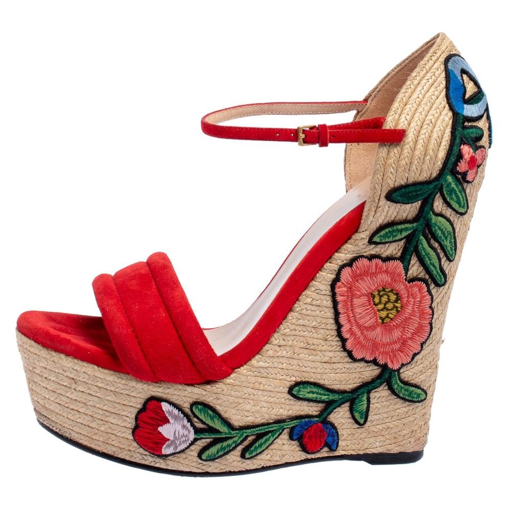 Vintage Gucci Red Suede Floral Embroidered Wedge Platforms