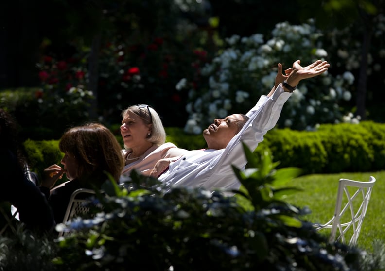 Moving a meeting with senior advisers to the Rose Garden on a Spring day, proving his politics aren't stuffy.